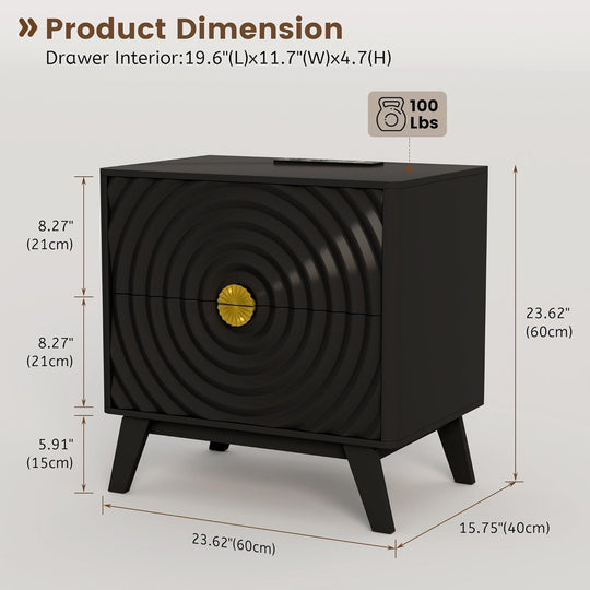 Gurexl Ripple Bedside Tables with 2 Power Outlet