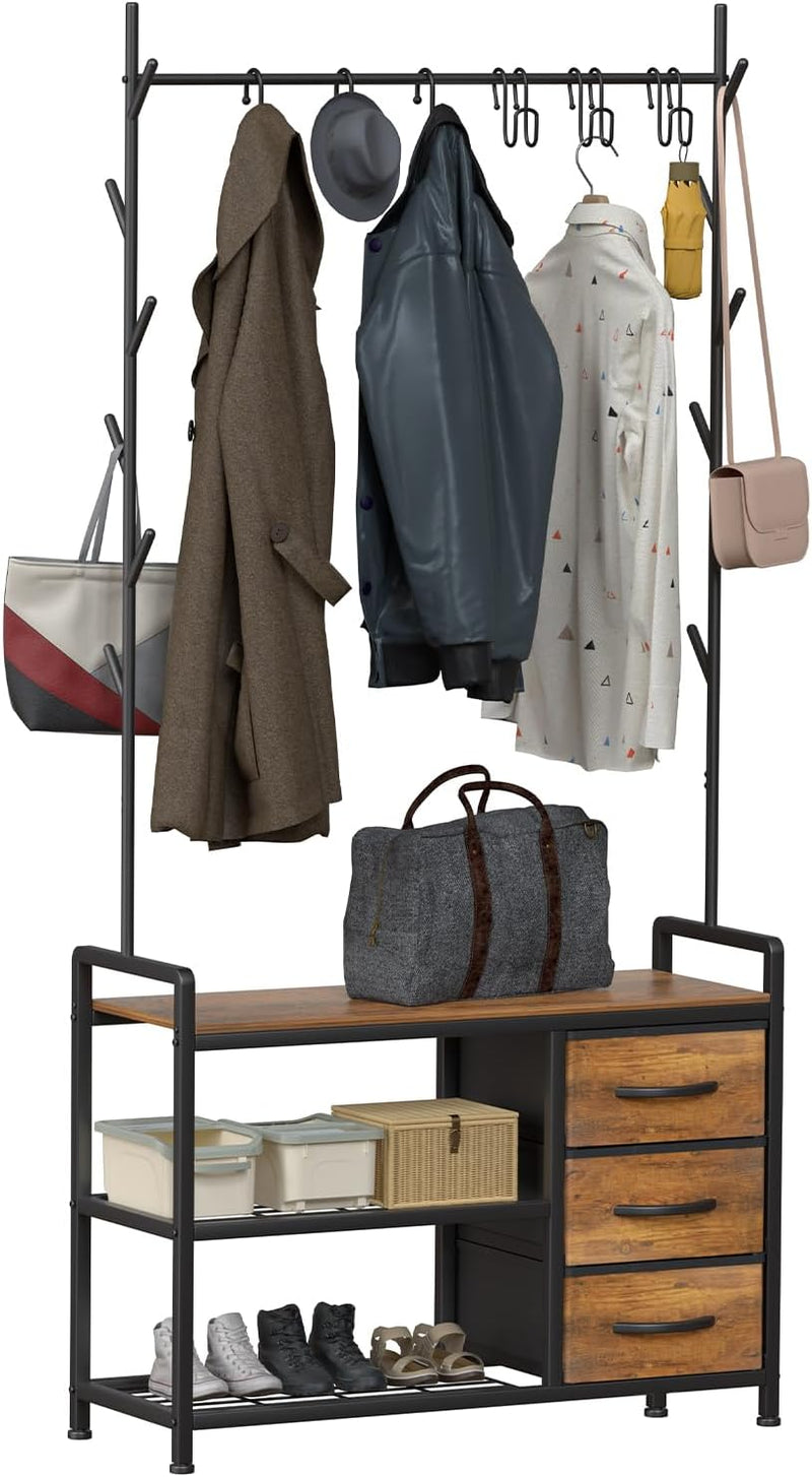 Industrial Coat Rack Freestanding Hall Tree 33"x12"x71.5" Rustic