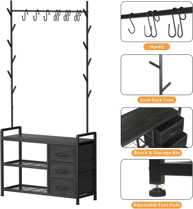 Industrial Coat Rack Freestanding Hall Tree 33"x12"x71.5" Rustic
