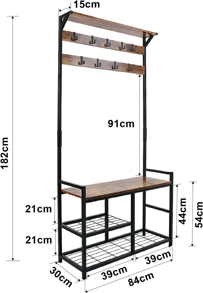 Industrial Coat Rack Freestanding Hall Tree 33"x12"x71.5" Rustic