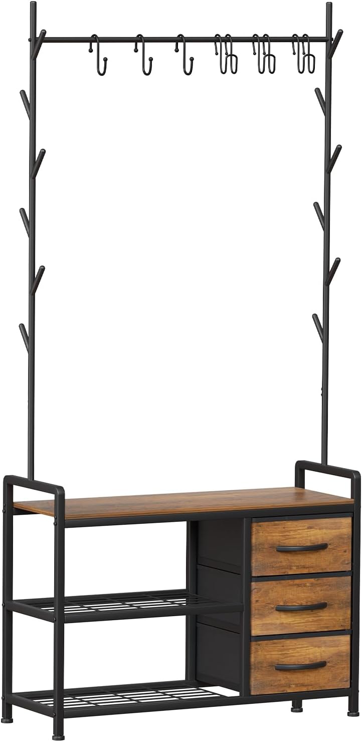 Industrial Coat Rack Freestanding Hall Tree 33"x12"x71.5" Rustic