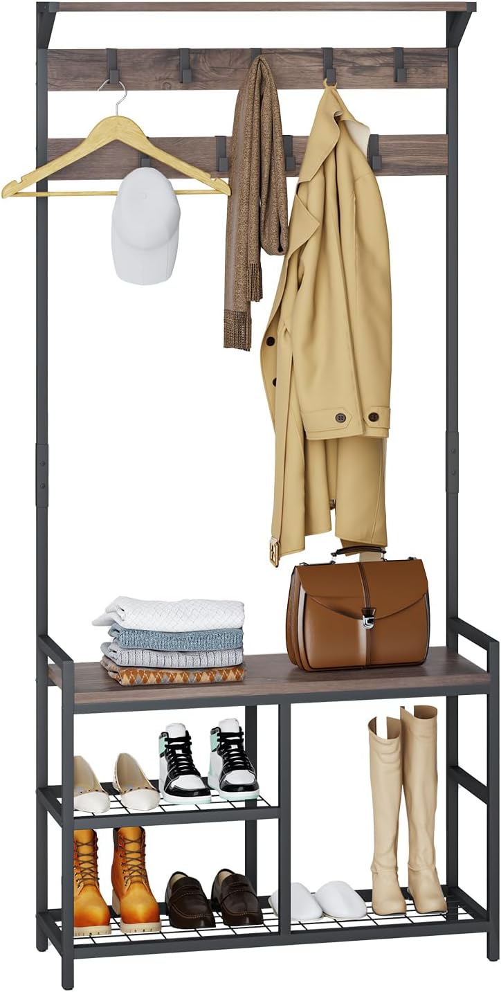 Industrial Coat Rack Freestanding Hall Tree 33"x12"x71.5" Rustic