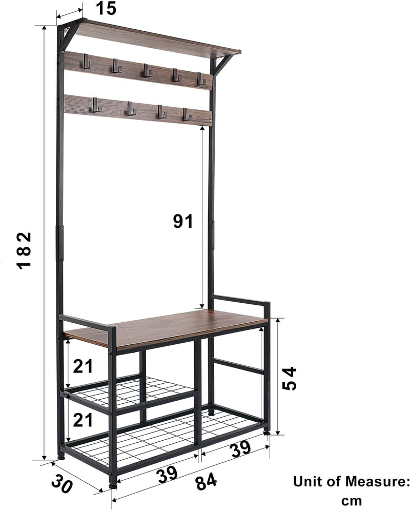 Industrial Coat Rack Freestanding Hall Tree 33"x12"x71.5" Rustic