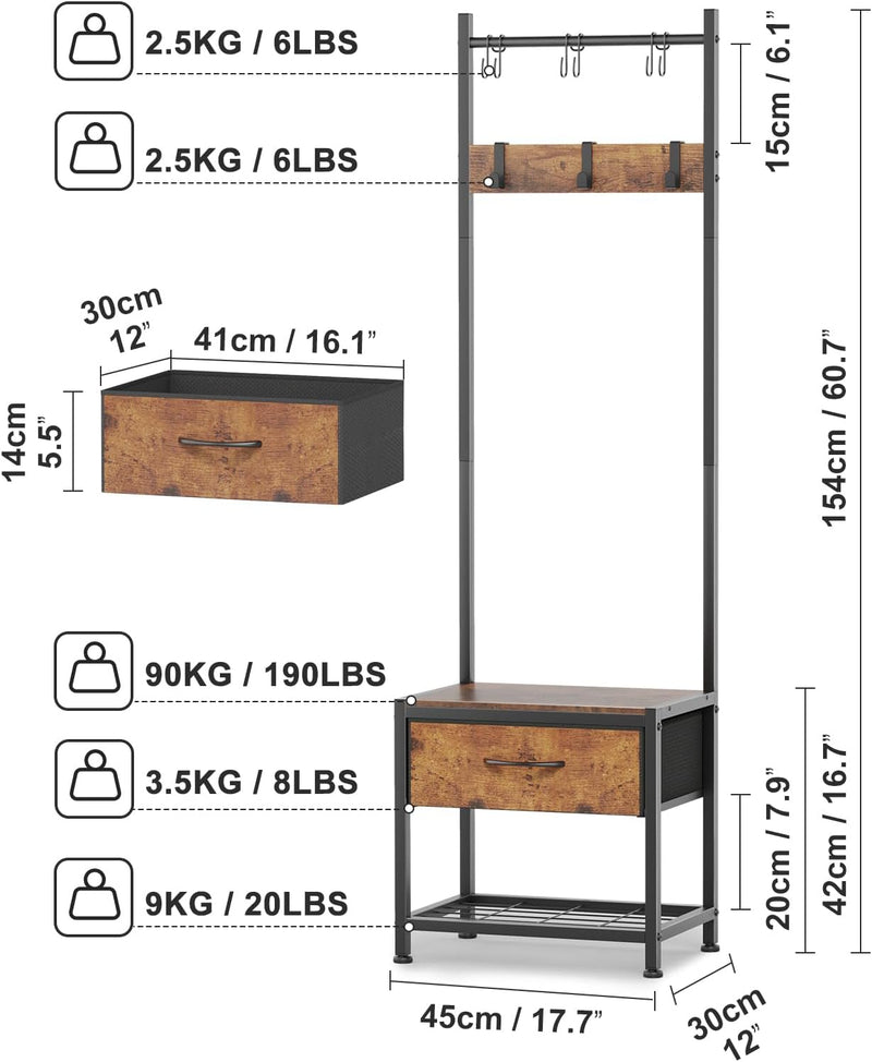 Industrial Coat Rack Freestanding Hall Tree 33"x12"x71.5" Rustic