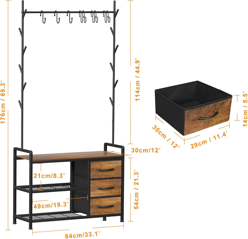 Industrial Coat Rack Freestanding Hall Tree 33"x12"x71.5" Rustic
