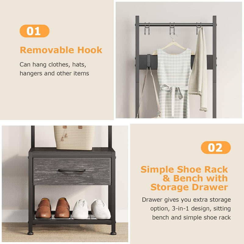 Industrial Coat Rack Freestanding Hall Tree 33"x12"x71.5" Rustic