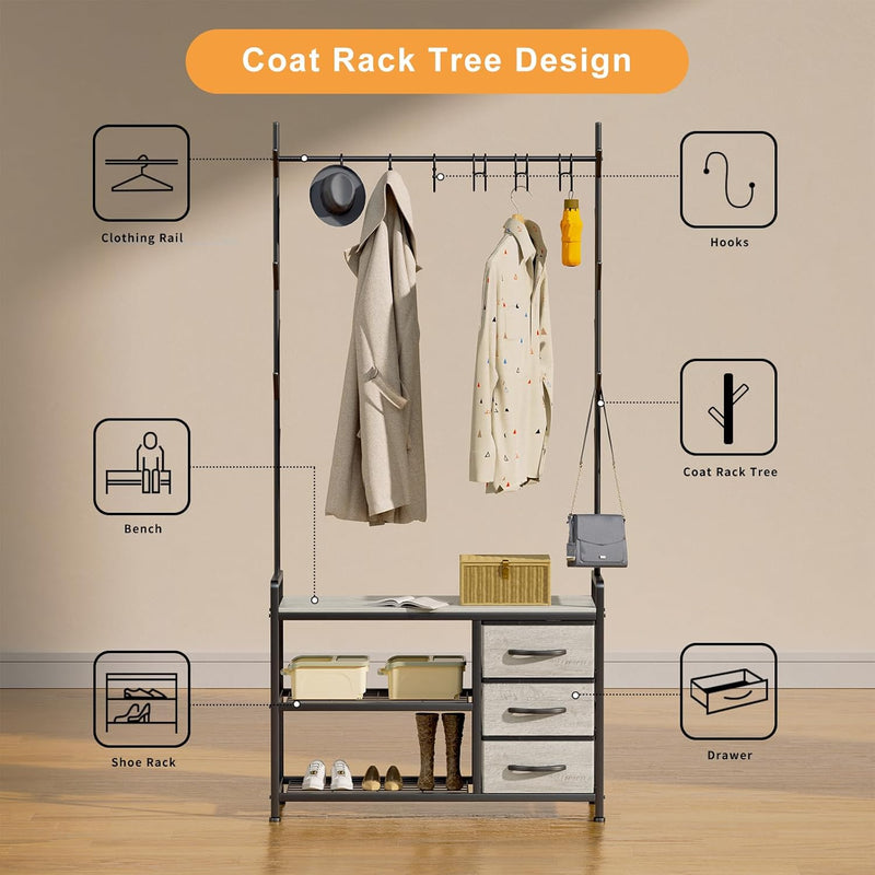 Industrial Coat Rack Freestanding Hall Tree 33"x12"x71.5" Rustic