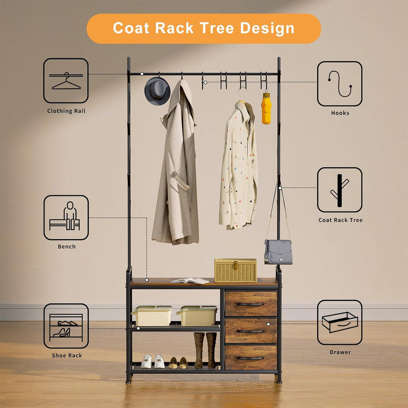 Industrial Coat Rack Freestanding Hall Tree 33"x12"x71.5" Rustic
