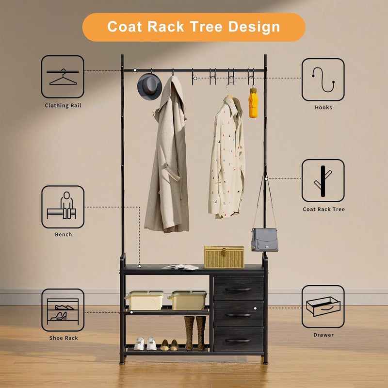 Industrial Coat Rack Freestanding Hall Tree 33"x12"x71.5" Rustic