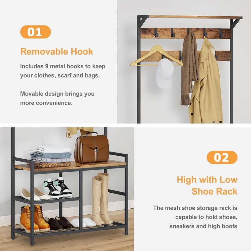 Industrial Coat Rack Freestanding Hall Tree 33"x12"x71.5" Rustic