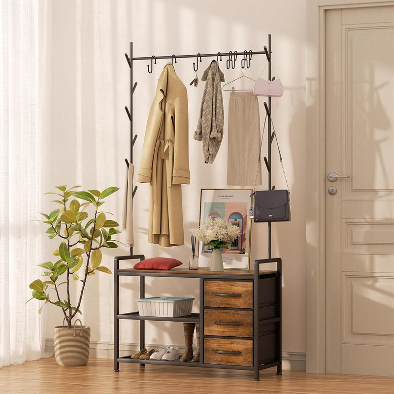 Industrial Coat Rack Freestanding Hall Tree 33"x12"x71.5" Rustic