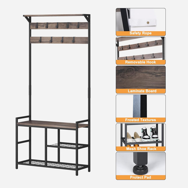 Industrial Coat Rack Freestanding Hall Tree 33"x12"x71.5" Rustic