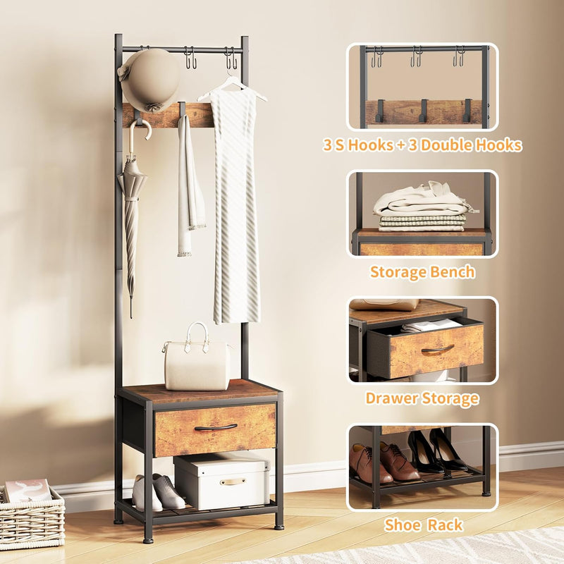 Industrial Coat Rack Freestanding Hall Tree 33"x12"x71.5" Rustic