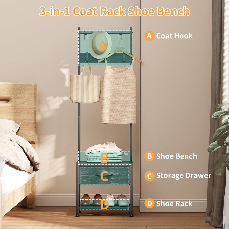 Industrial Coat Rack Freestanding Hall Tree 33"x12"x71.5" Rustic