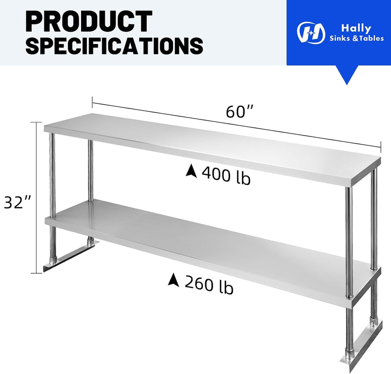Hally Double Overshelf of Stainless Steel 12''x60''commercial 2 Tier