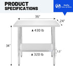 Hally Stainless Steel Table x36" Prepwork Commercial Tables