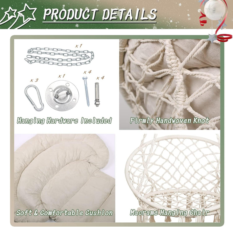 Hammock Chair with Cushion Handmade Macrame Swing Hanging