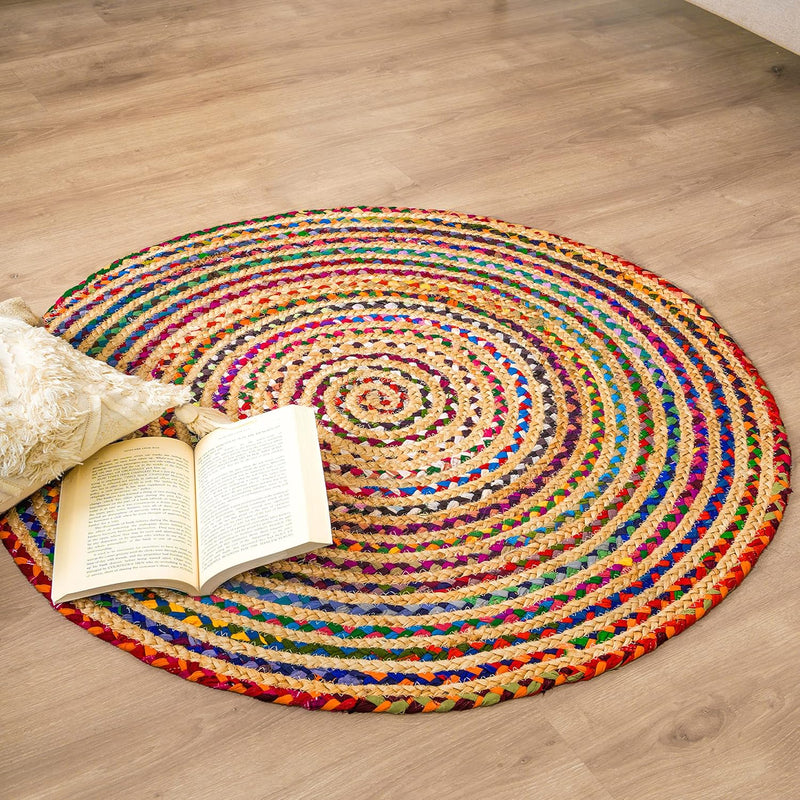 Handmade Chindi Jute Braid Rag Rug Round Boho