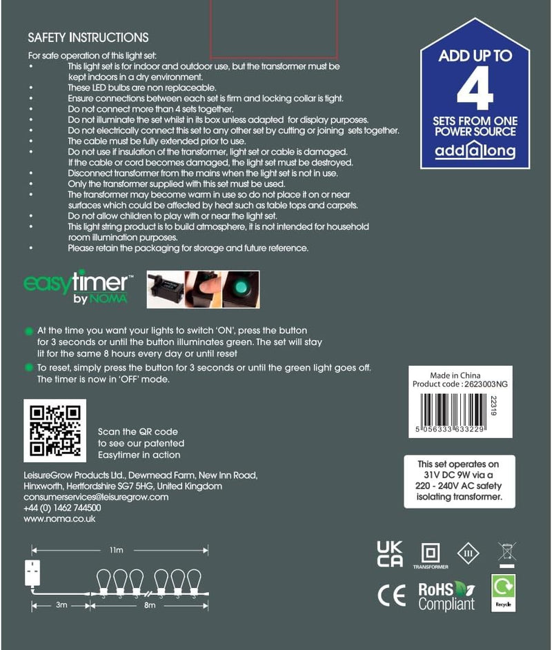 Hanging Connectable Festoon Lights 20 LED Bulbs 10.6