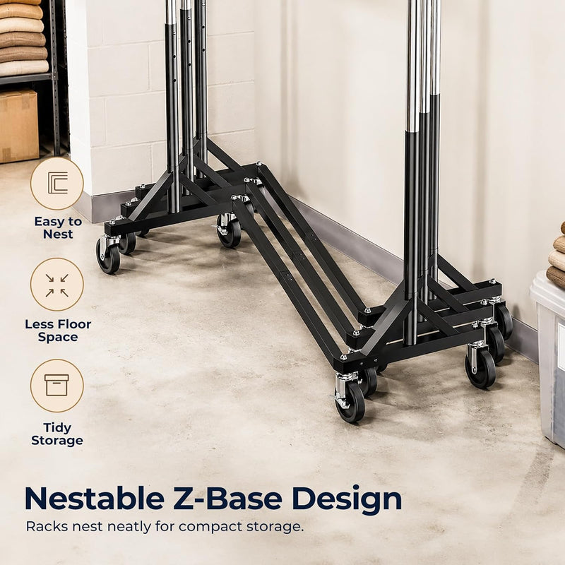 Heavy-Duty Adjustable Z-Base Clothes Rail with Lockable Wheels