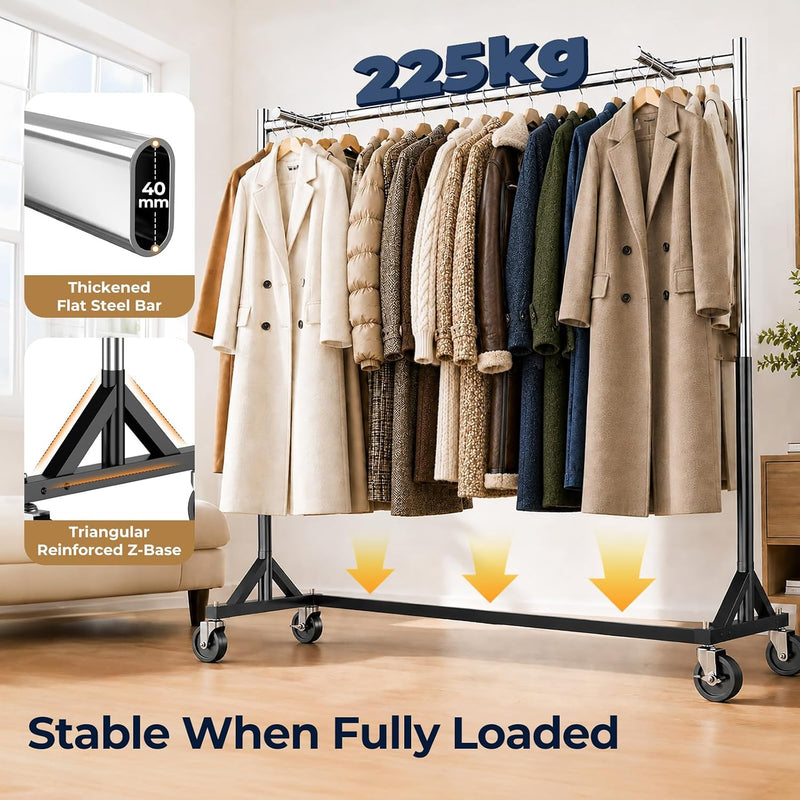 Heavy-Duty Adjustable Z-Base Clothes Rail with Lockable Wheels