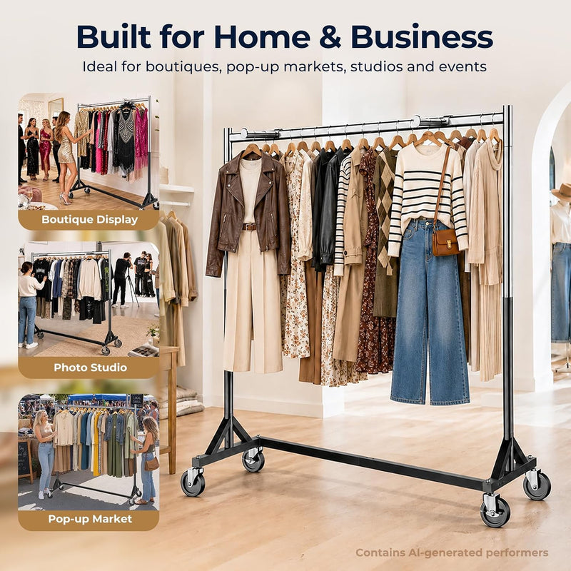 Heavy-Duty Adjustable Z-Base Clothes Rail with Lockable Wheels