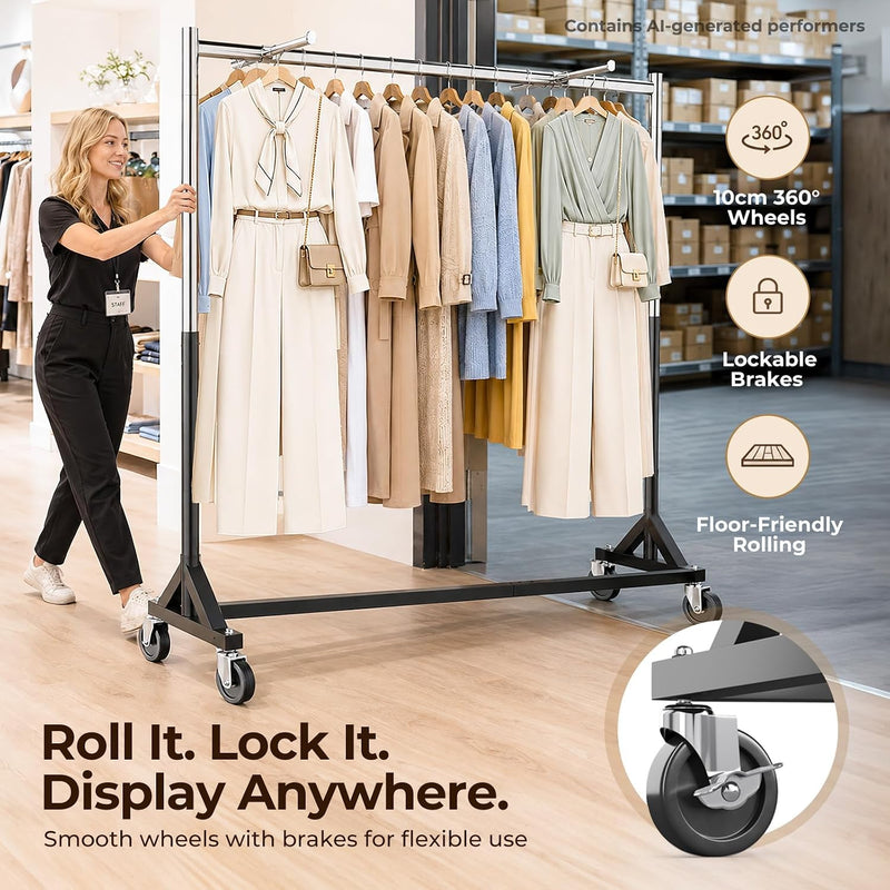 Heavy-Duty Adjustable Z-Base Clothes Rail with Lockable Wheels