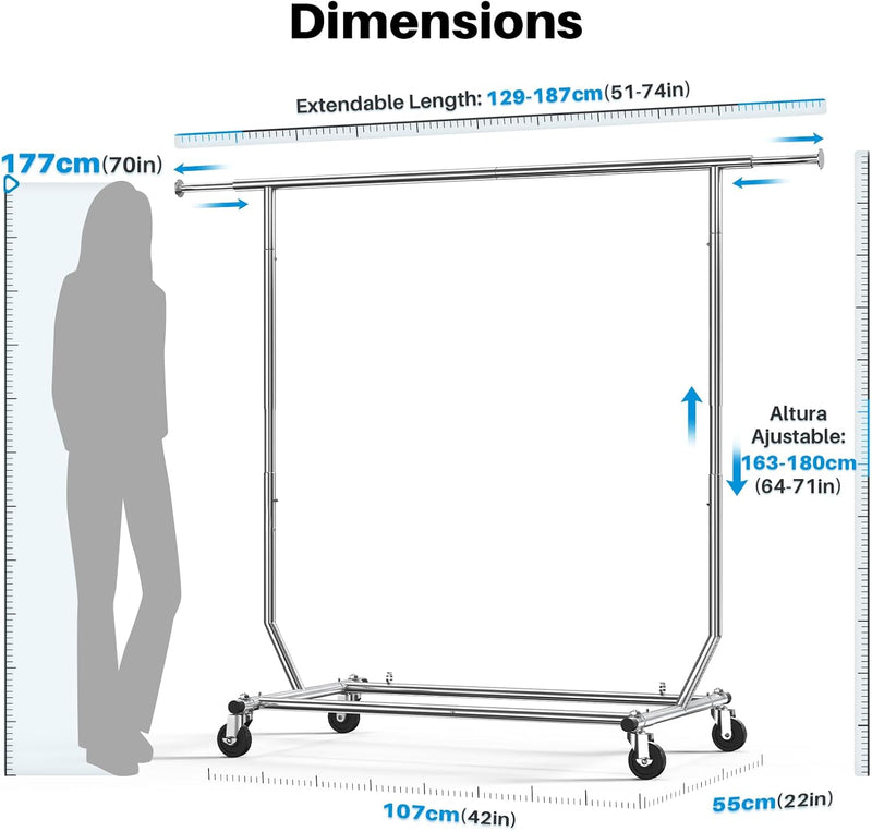 Heavy Duty Clothes Rail 136KG Capacity Extendable Hanging
