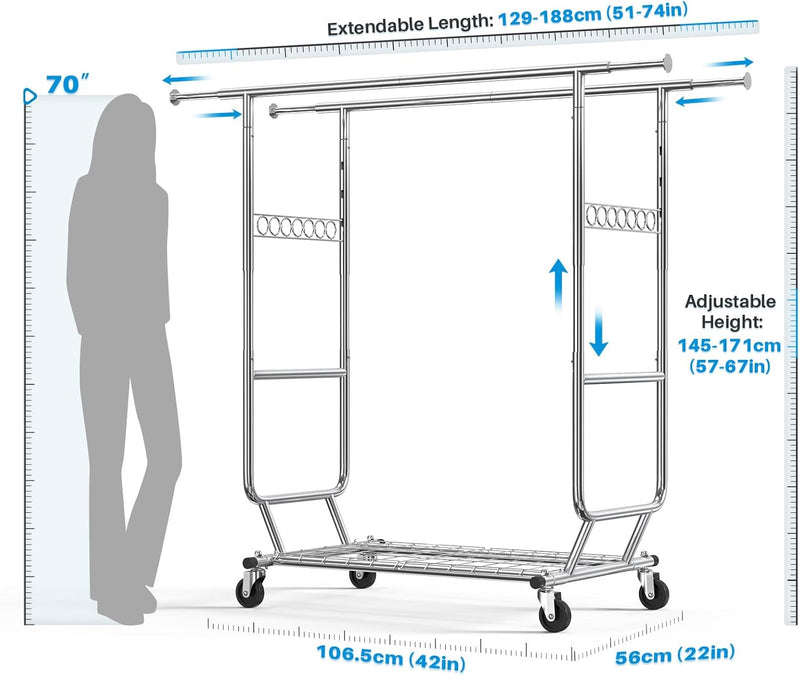 Heavy Duty Clothes Rail 238KG Capacity Extendable Hanging