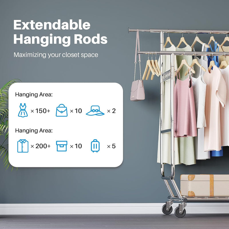 Heavy Duty Clothes Rail 238KG Capacity Extendable Hanging