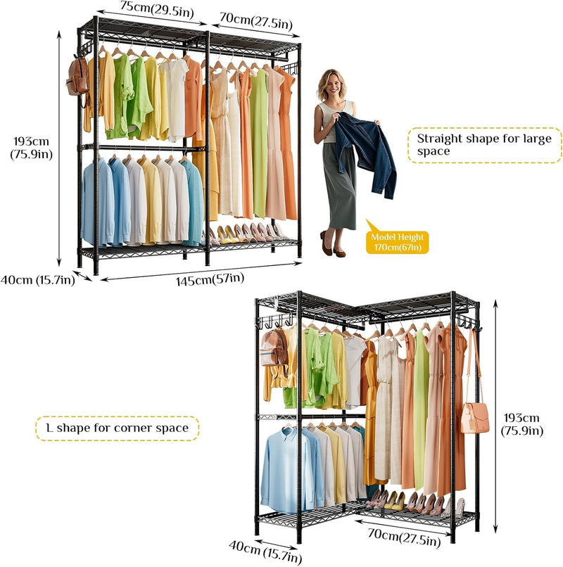 Heavy Duty Clothes Rail for Corner with Hanging