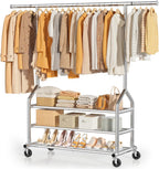 Heavy Duty Clothes Rail Rolling Clothing with 3 Shelves