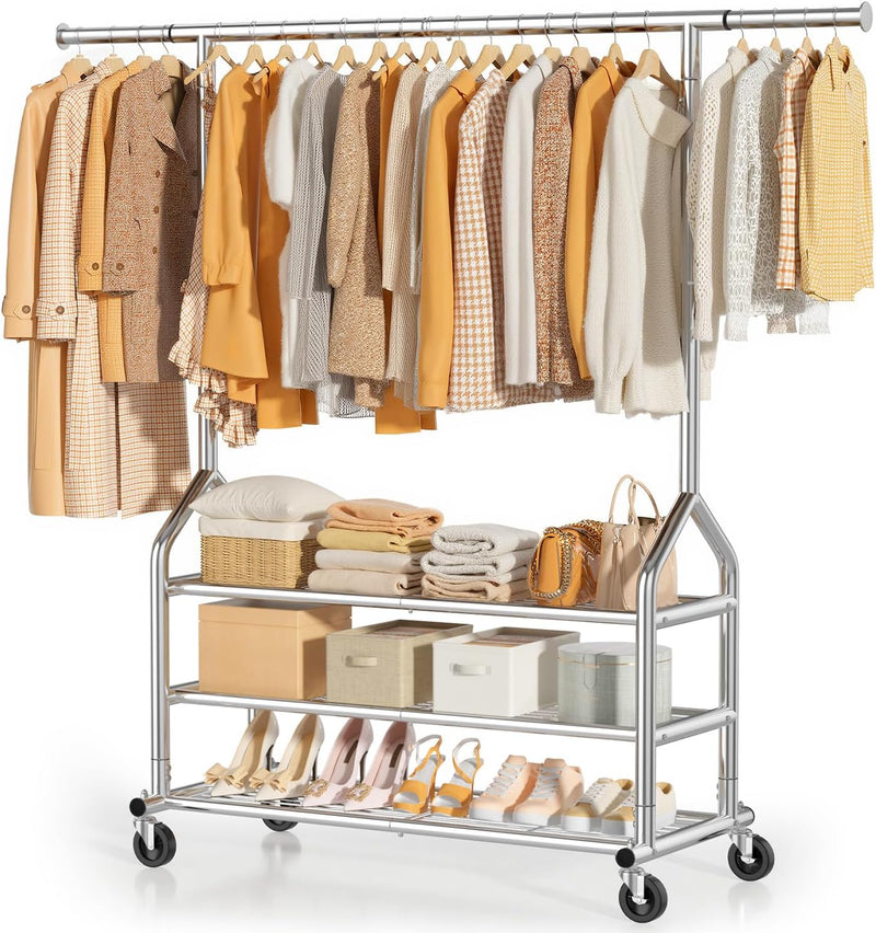 Heavy Duty Clothes Rail Rolling Clothing with 3 Shelves