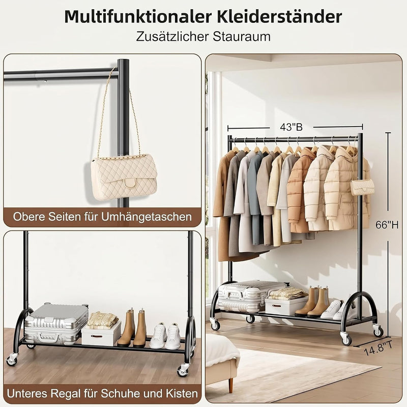 Heavy Duty Clothes Rail with Wheels and Shelf