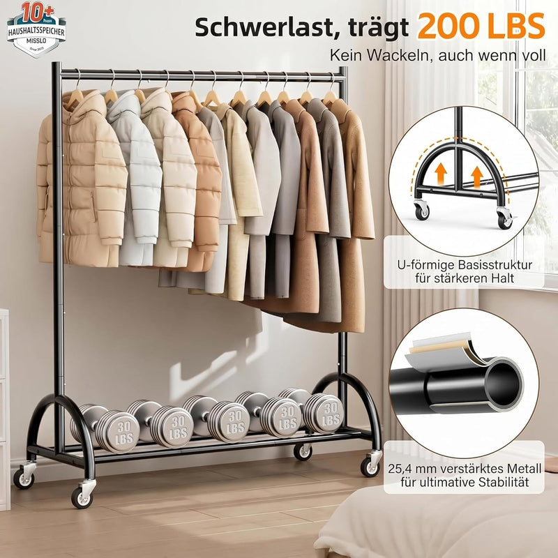 Heavy Duty Clothes Rail with Wheels and Shelf