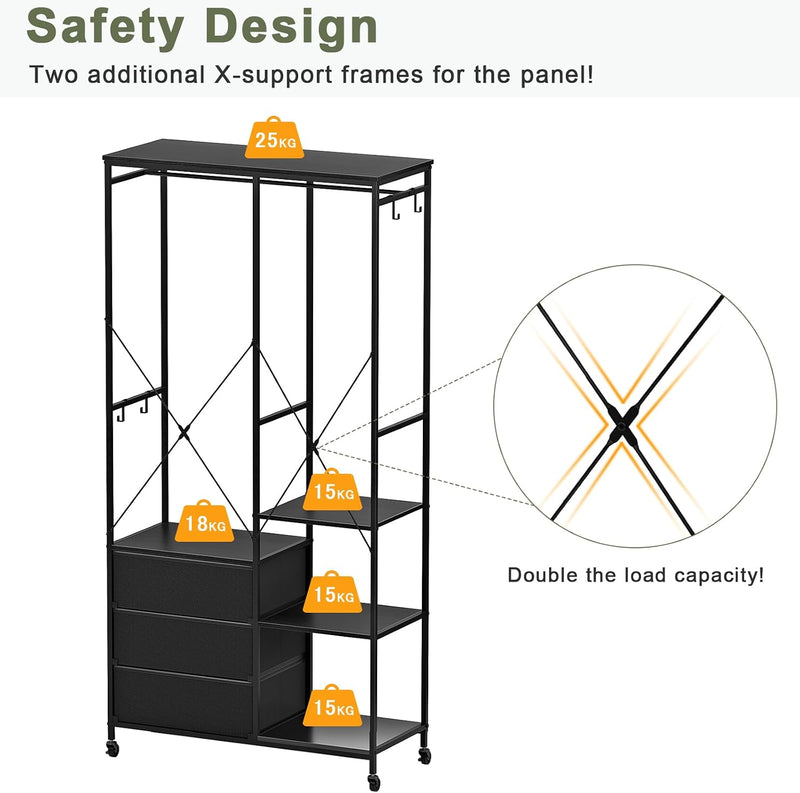 Heavy Duty Clothing Rail Wardrobe with 3 Drawers