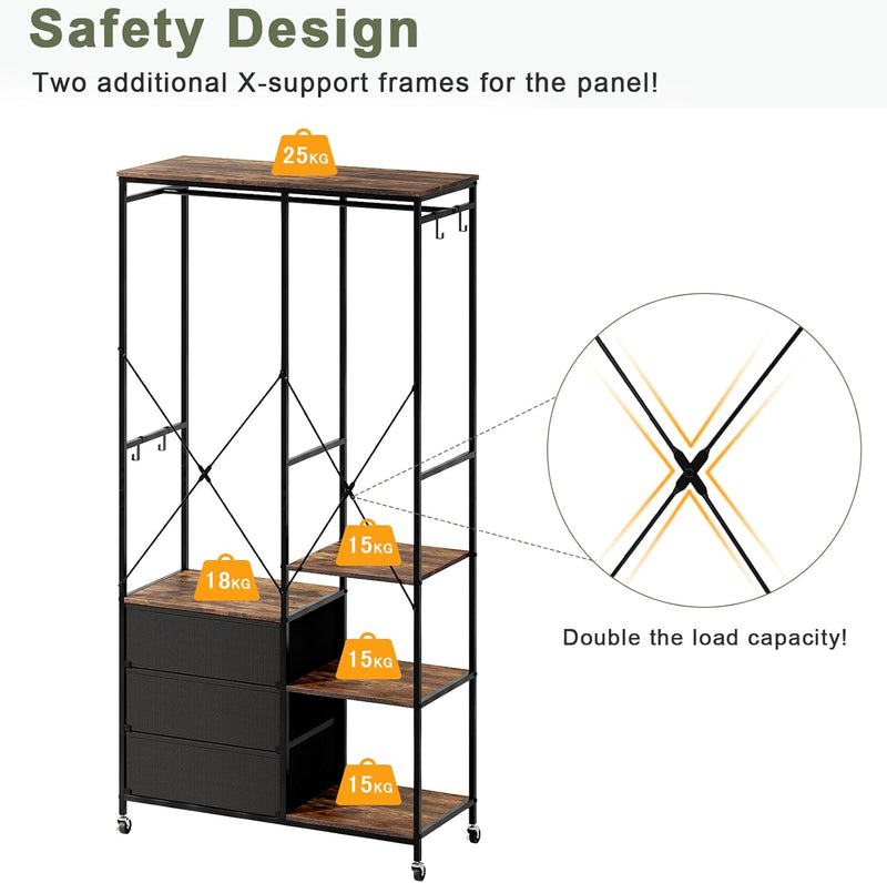 Heavy Duty Clothing Rail Wardrobe with 3 Drawers