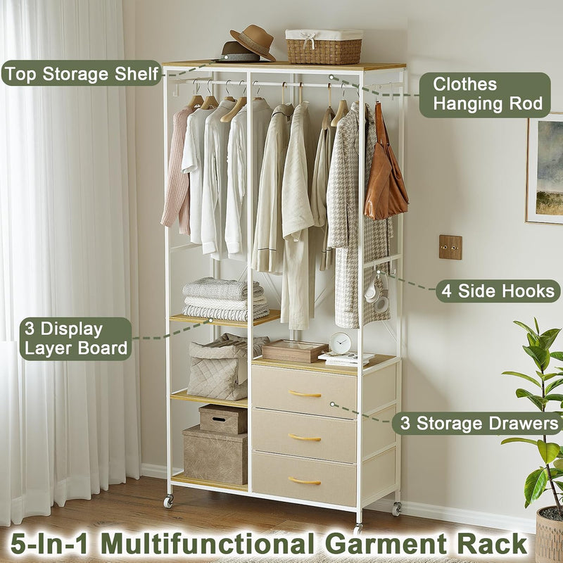 Heavy Duty Clothing Rail Wardrobe with 3 Drawers