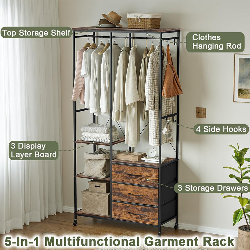 Heavy Duty Clothing Rail Wardrobe with 3 Drawers