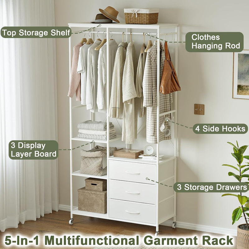 Heavy Duty Clothing Rail Wardrobe with 3 Drawers
