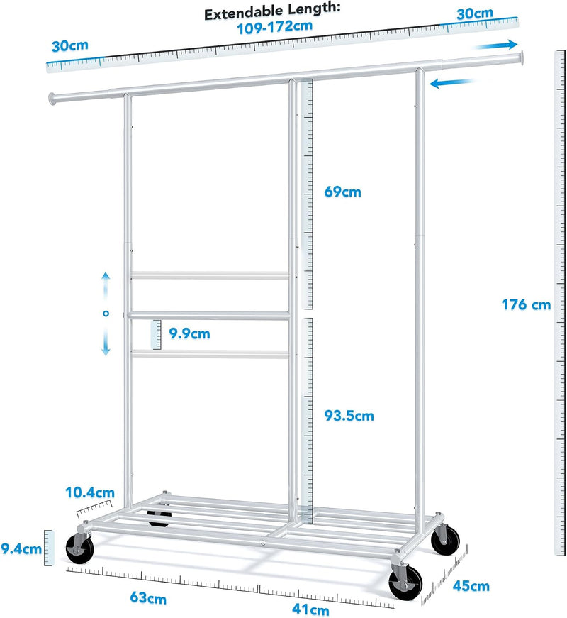 Heavy Duty Double Clothes Rail with Wheels 209KG