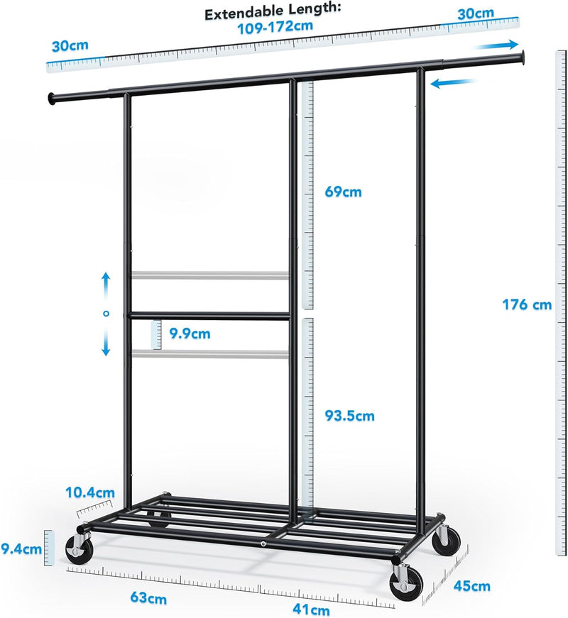 Heavy Duty Double Clothes Rail with Wheels 209KG
