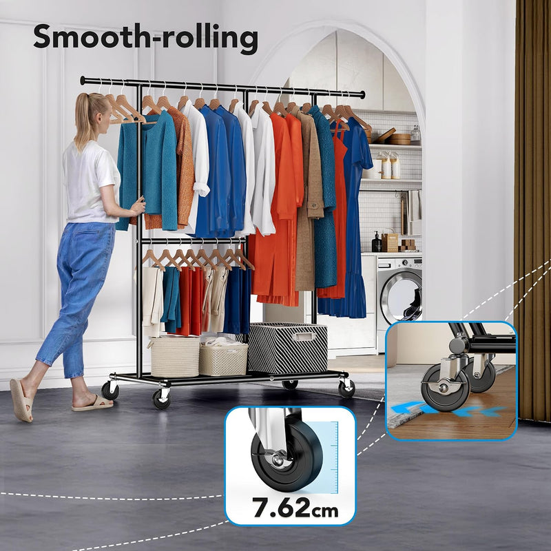 Heavy Duty Double Clothes Rail with Wheels 209KG