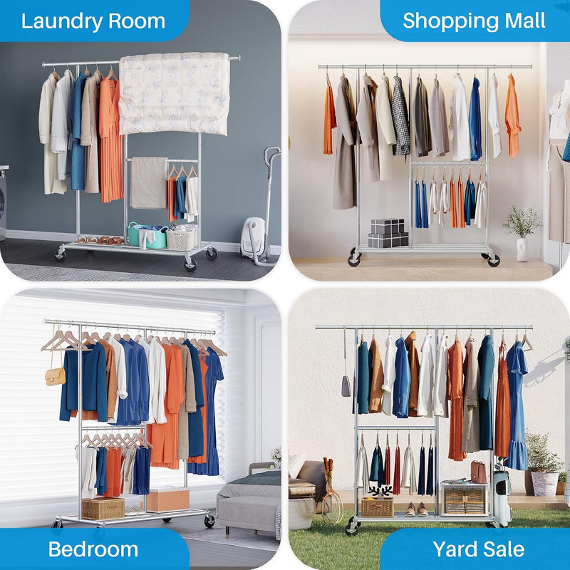 Heavy Duty Double Clothes Rail with Wheels 209KG