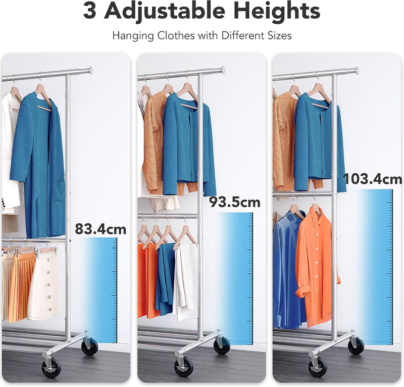 Heavy Duty Double Clothes Rail with Wheels 209KG