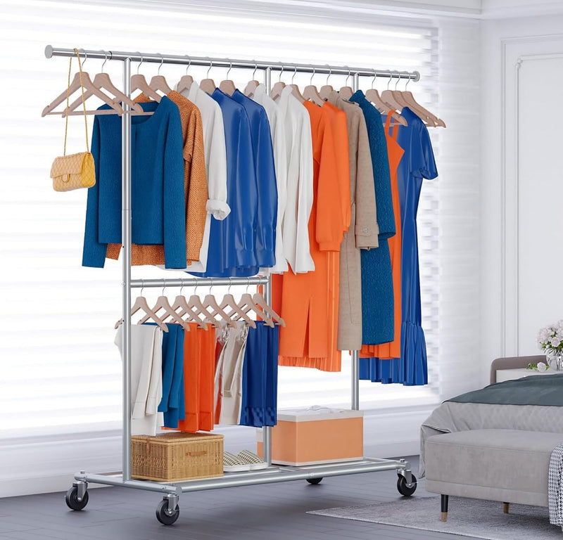 Heavy Duty Double Clothes Rail with Wheels 209KG