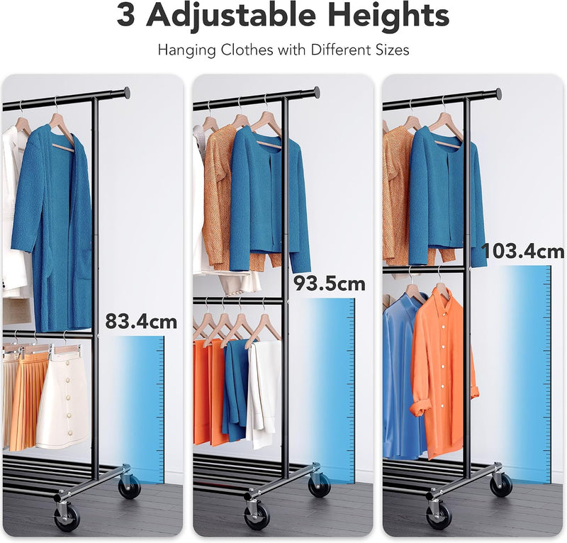 Heavy Duty Double Clothes Rail with Wheels 209KG