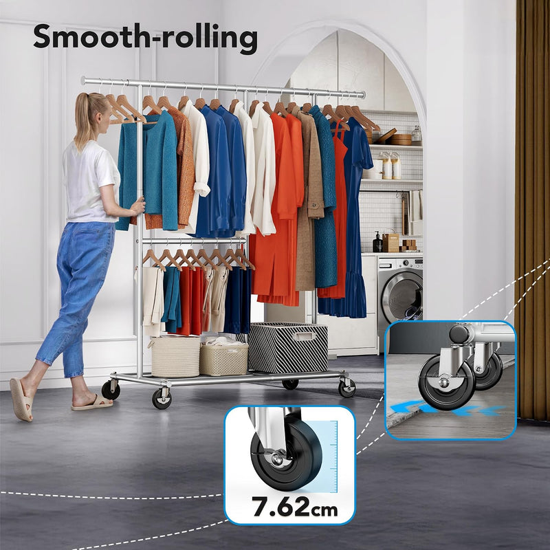 Heavy Duty Double Clothes Rail with Wheels 209KG