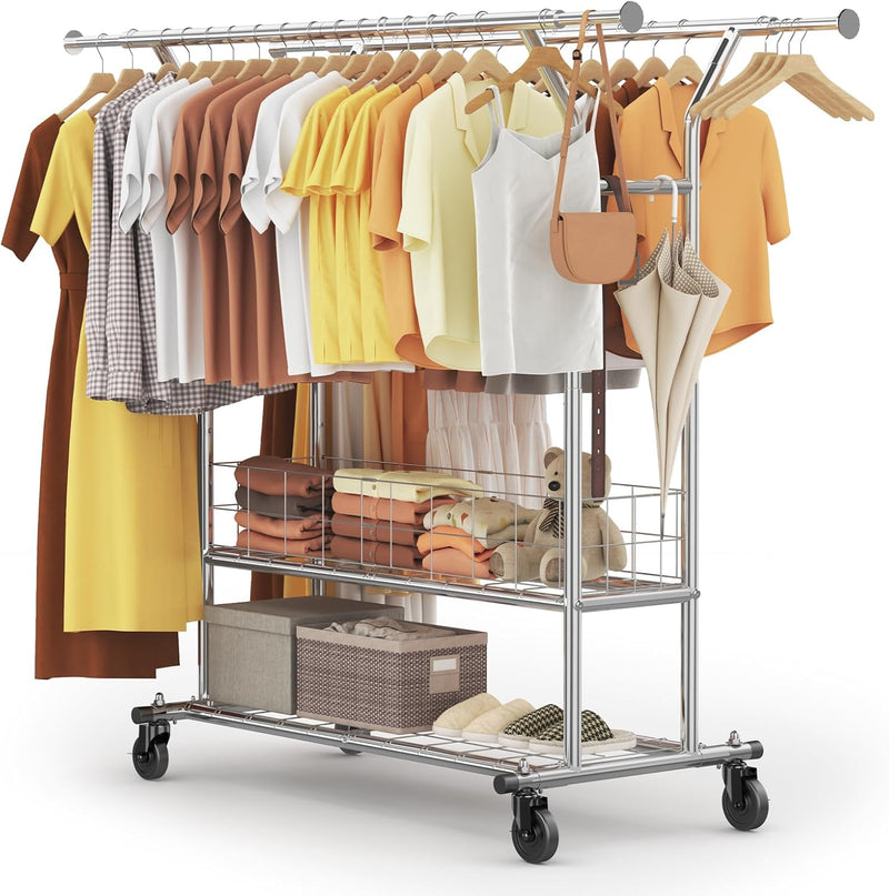 Heavy Duty Double Rail Clothes Rack on Wheels