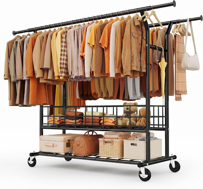 Heavy Duty Double Rail Clothes Rack on Wheels